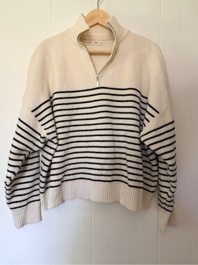Mango Cream Half-Zip Sweater with Black Stripes L